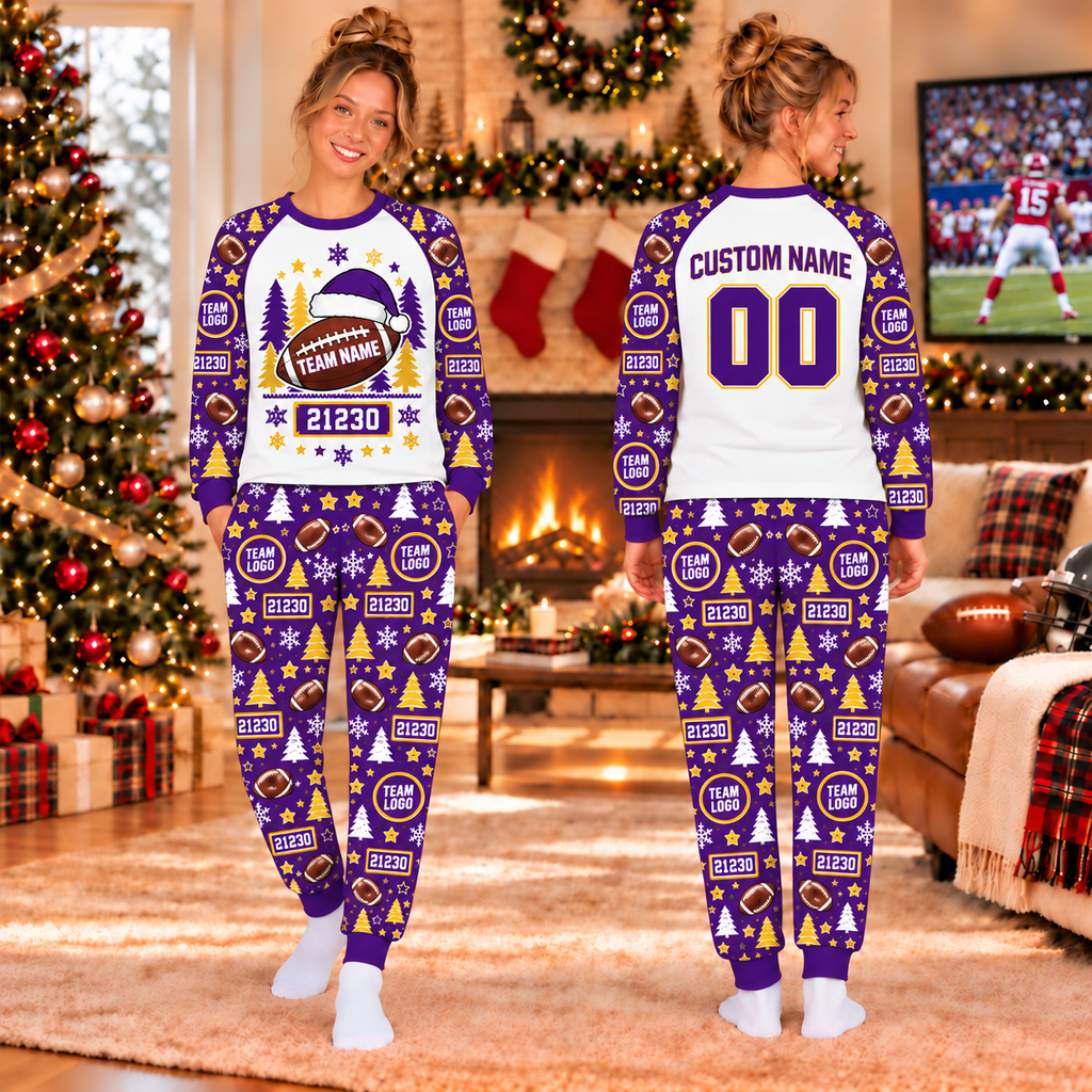 custom team name and logo pajamas, football fan holiday gift, school spirit holiday lounge set