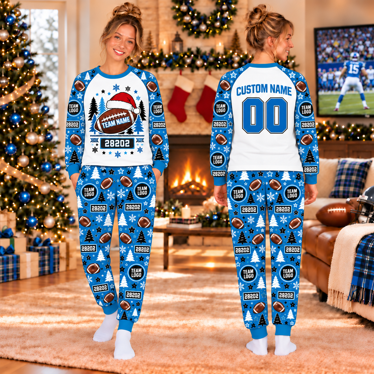 Game Day Football Christmas Pajama Set, Custom School Spirit Holiday Loungewear