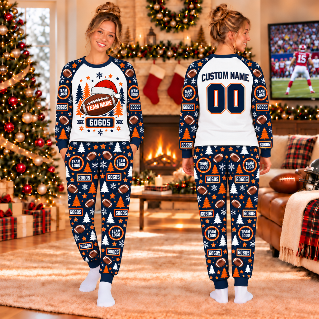 Personalized Santa Football Pajamas, Custom Holiday Spirit Family Lounge Set
