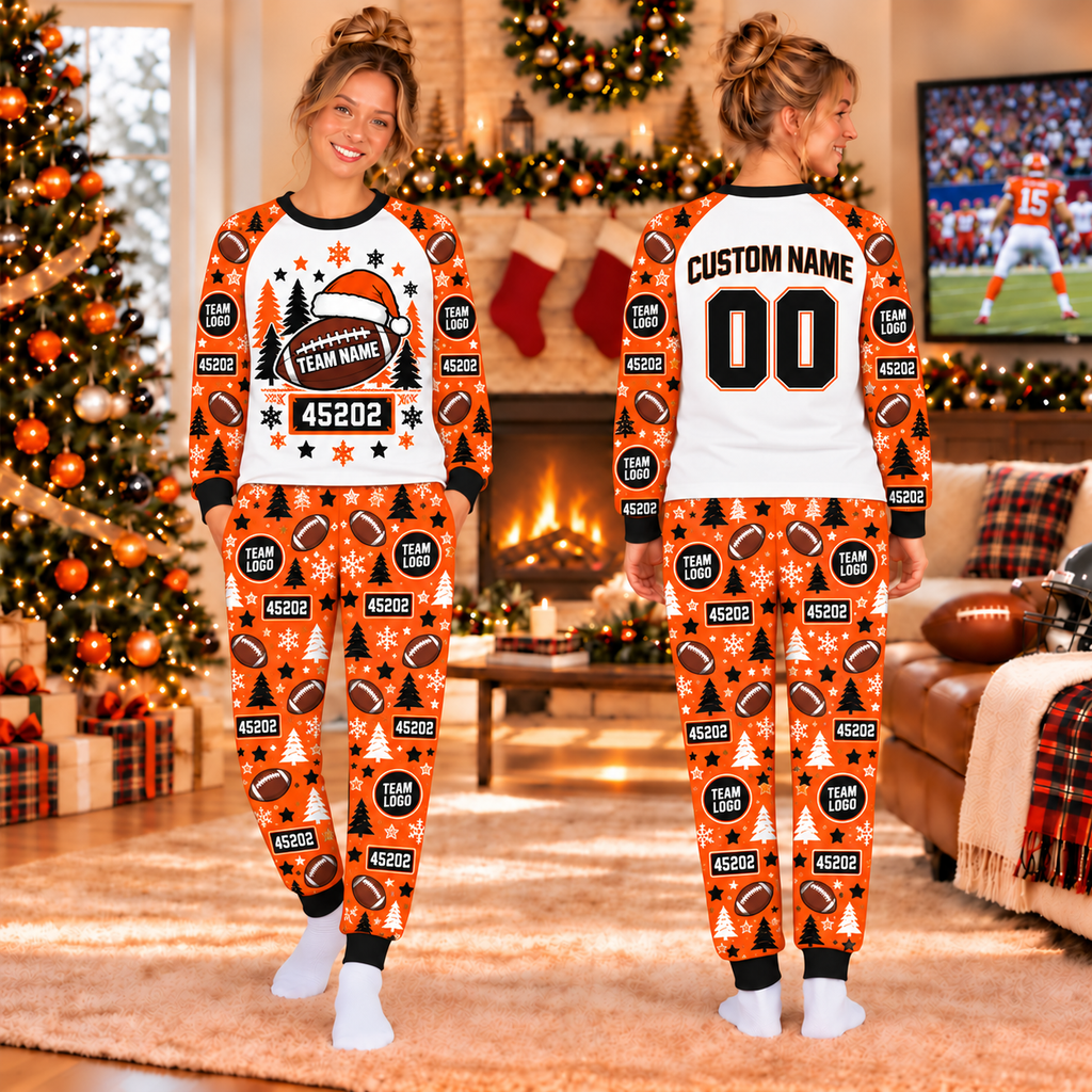 Custom Name & Team Logo Holiday Pajamas, Team Mascot Football Sleepwear Set