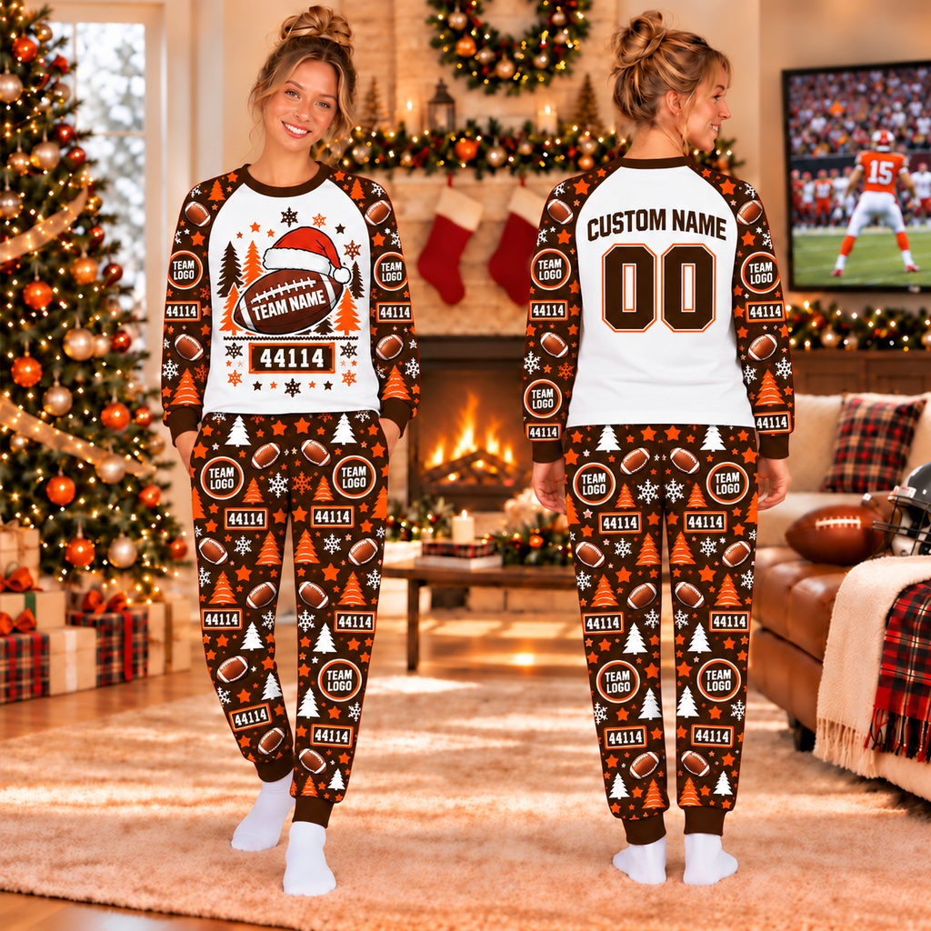Personalized Game Day Fan Christmas Pajamas, Custom Football Holiday Gift Set