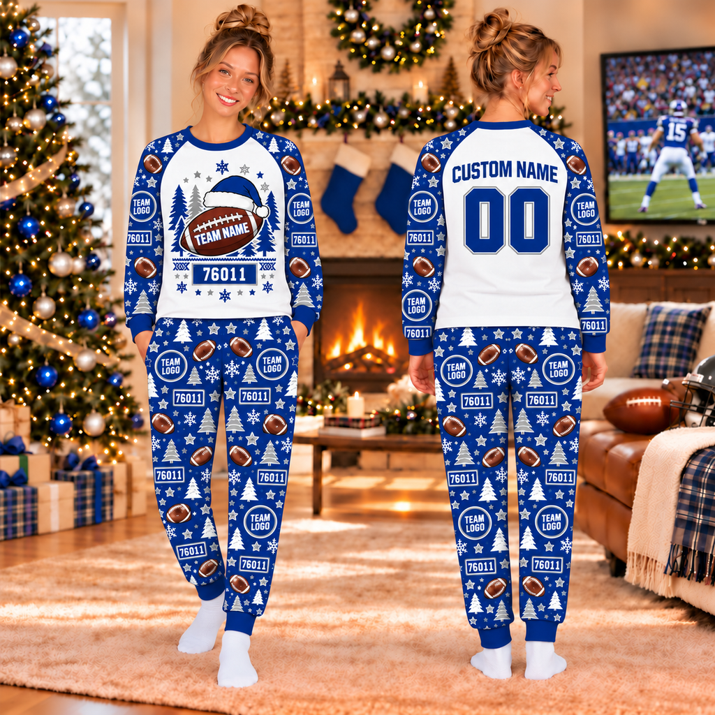 Football Tailgate Christmas Pajama Set, Custom School Spirit Holiday Loungewear
