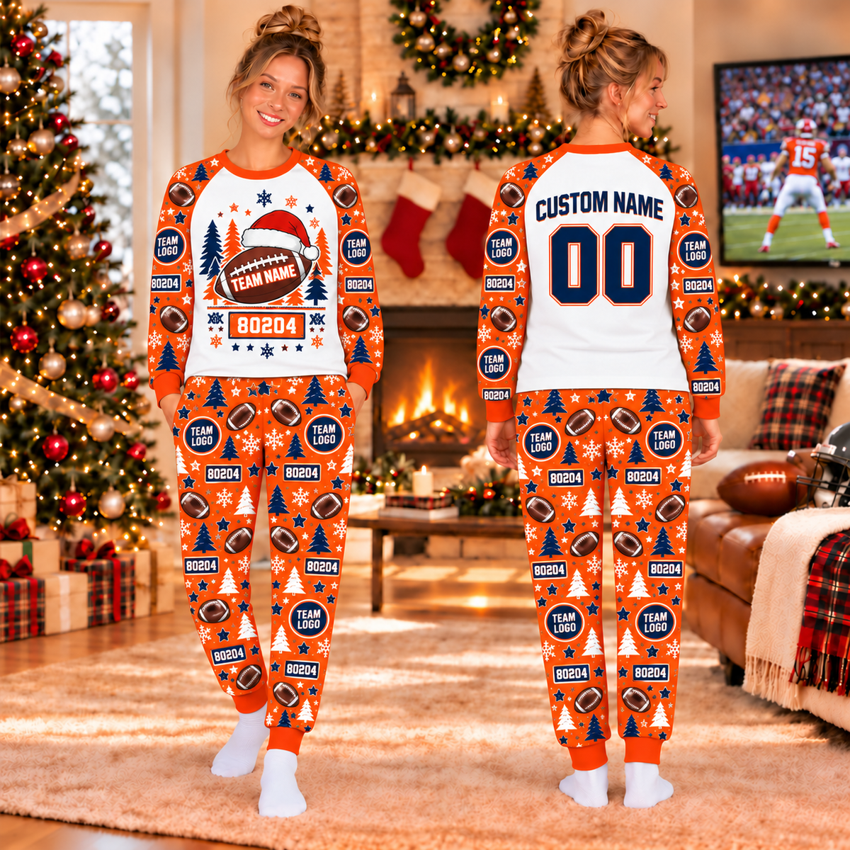 Personalized Football Holiday Pajamas, Custom Game Day Family Lounge Set