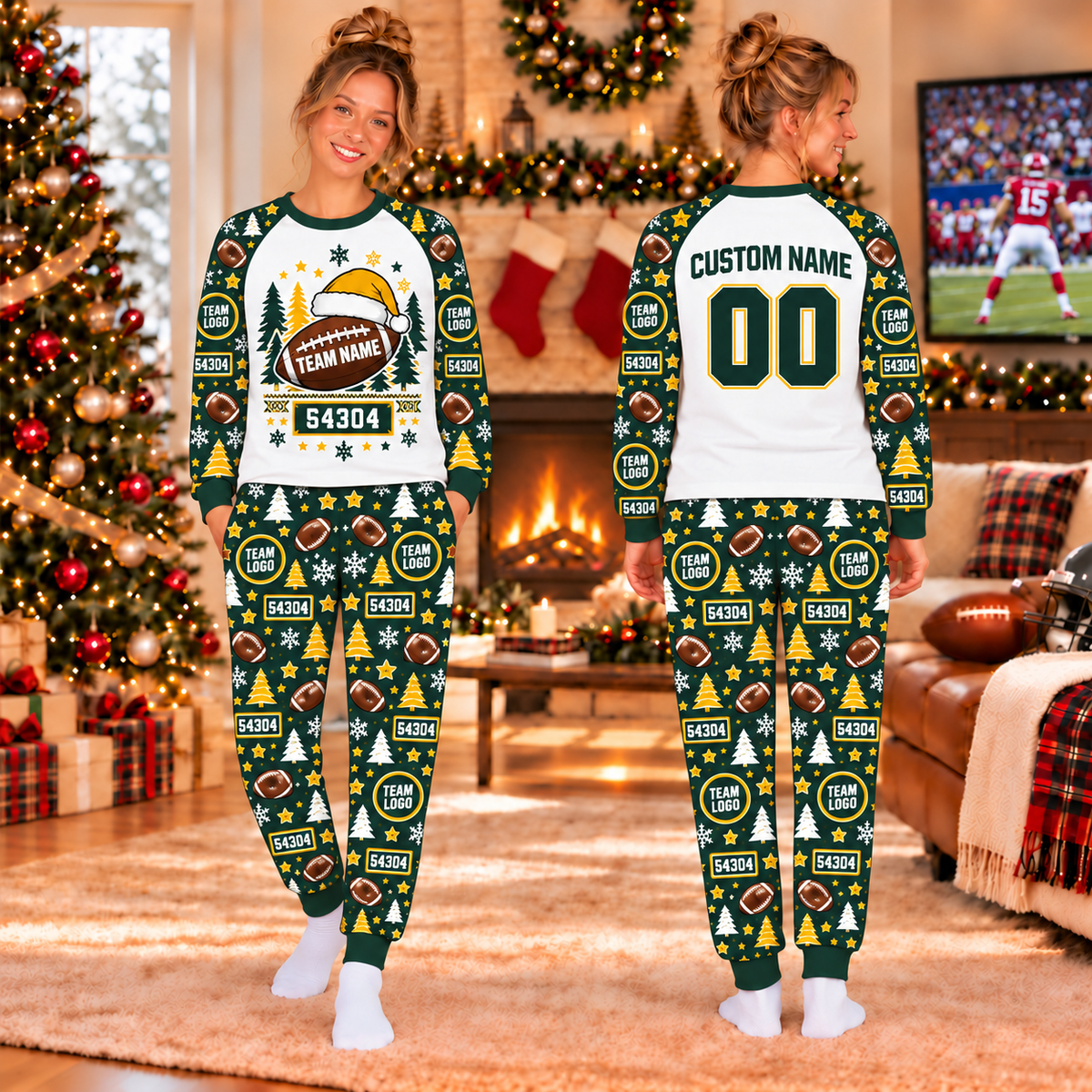 Custom Name & Number Holiday Pajamas, Christmas Team Family Sleepwear