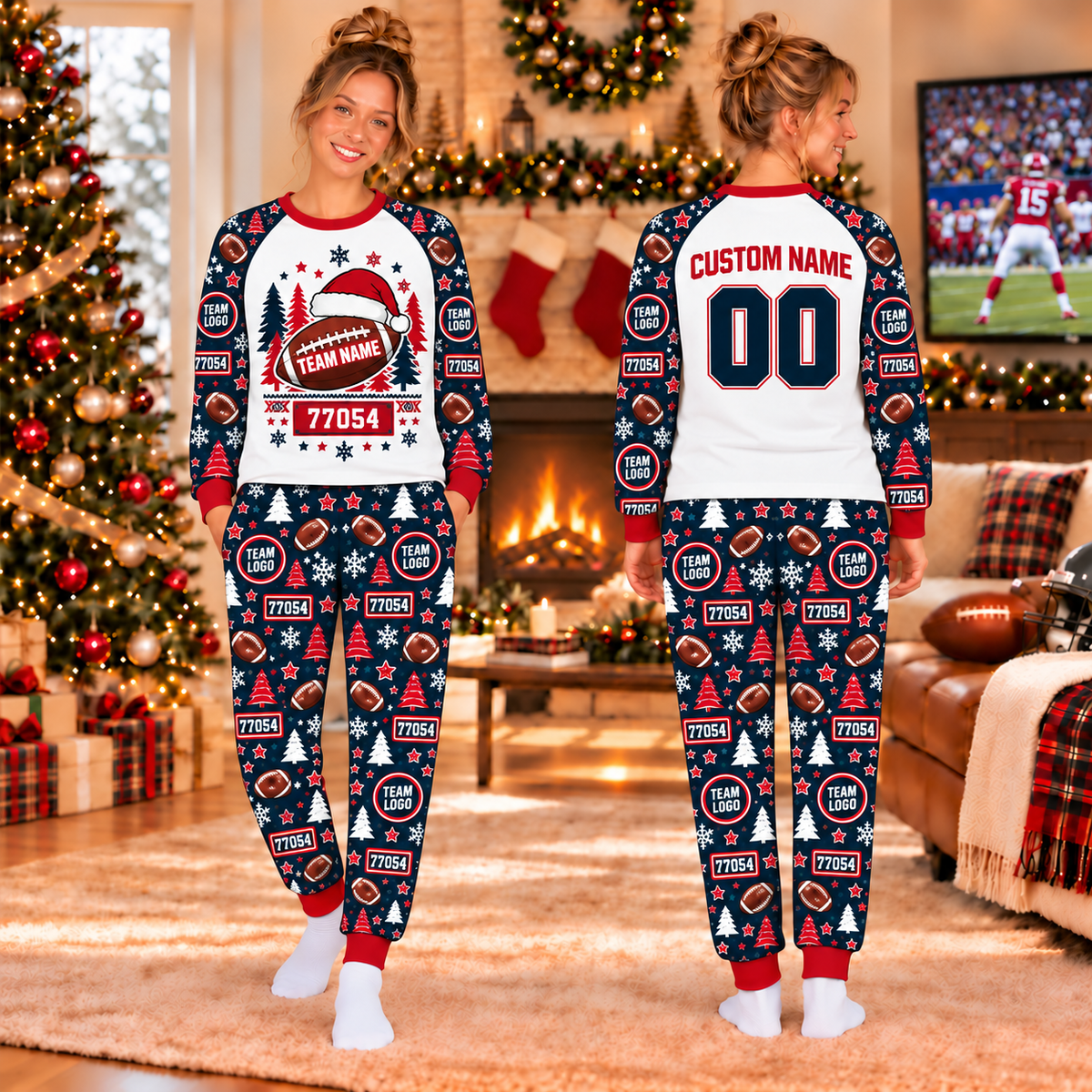 Custom Football Christmas Pajamas, Matching Family Game Day Sleepwear