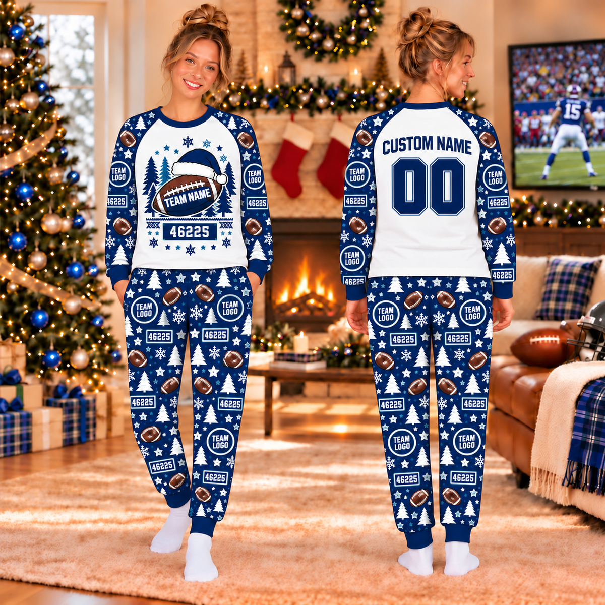 Custom Football Jersey Christmas Pajamas, Team Family Holiday Pajama Set