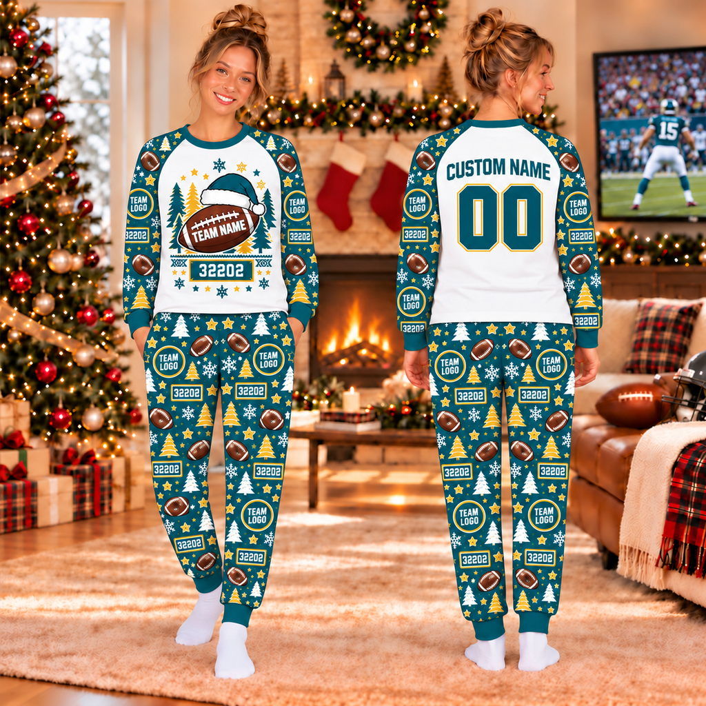 Personalized Football Team Name Pajamas Set, Custom Team Name Christmas Pajamas