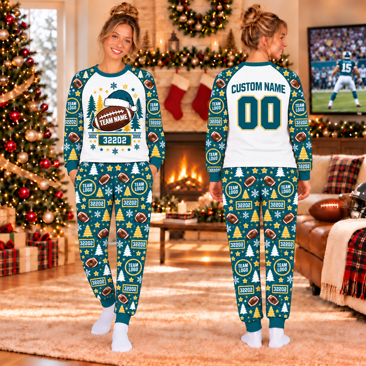Personalized Football Team Name Pajamas Set, Custom Team Name Christmas Pajamas