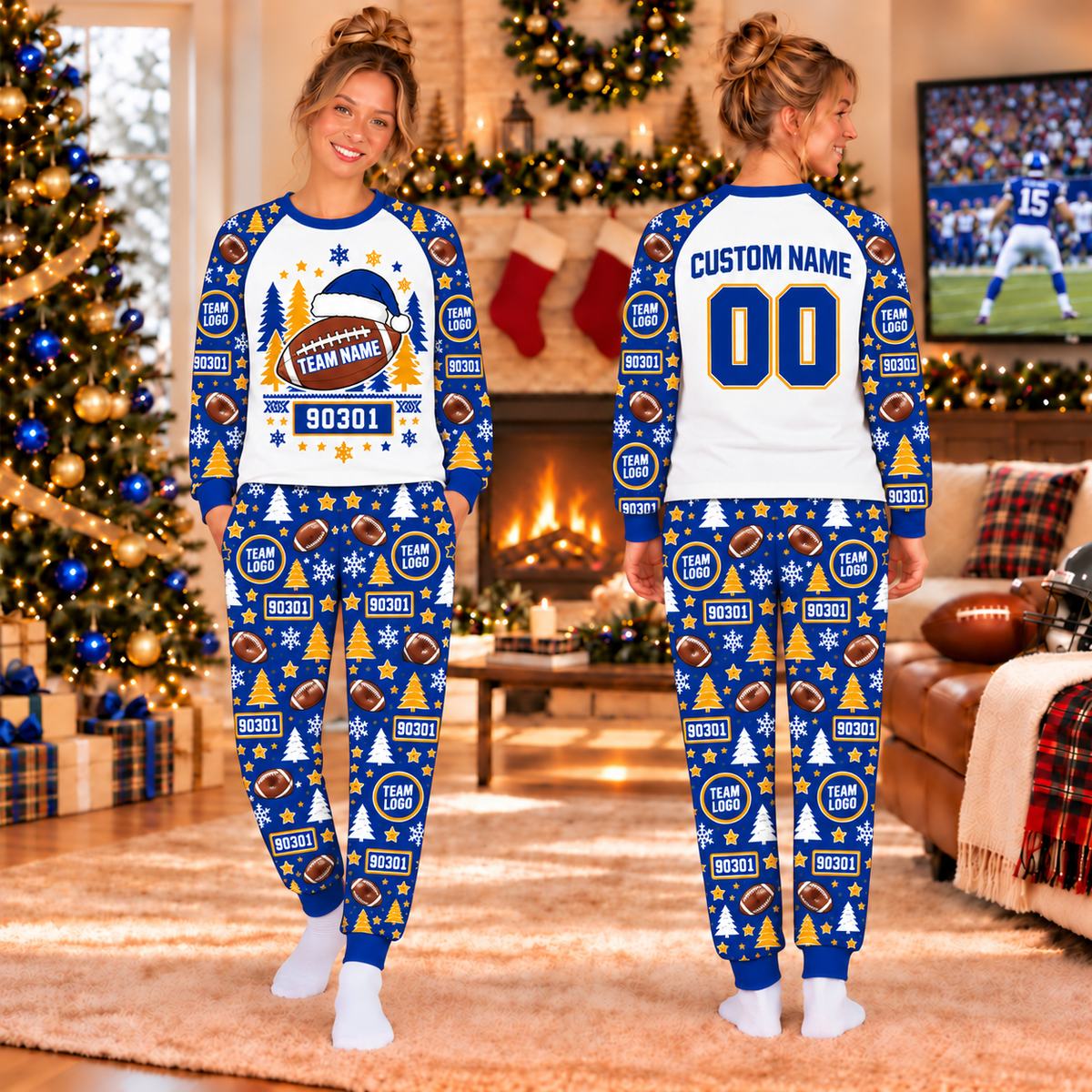 Custom Team Name Christmas Pajamas, Football Fan Gift, Family Matching Pajamas Set