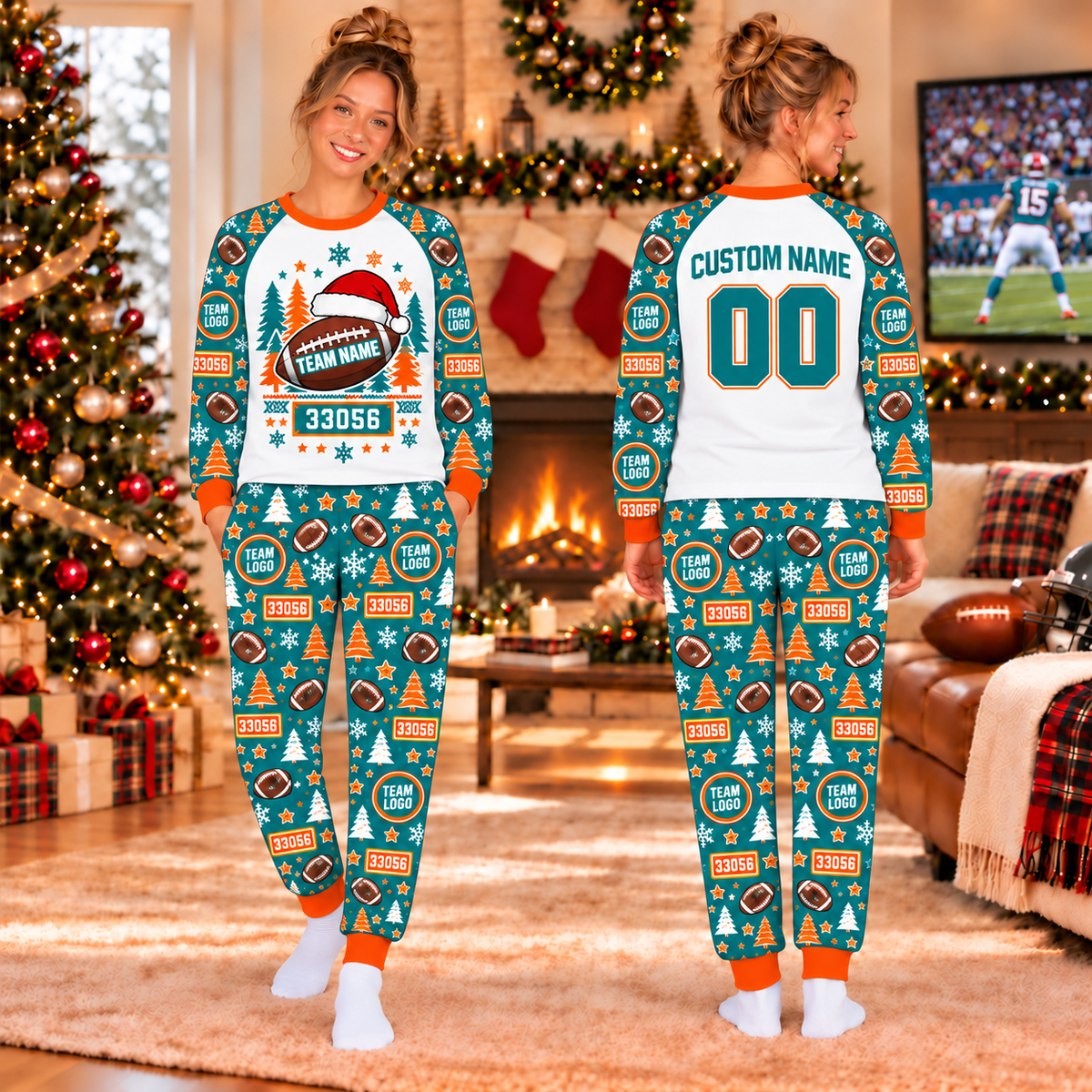 Custom Football Team Logo Pajamas Football Pajamas Set Family Football Christmas Pajamas Football Game Day Shirt Football Fan Gift