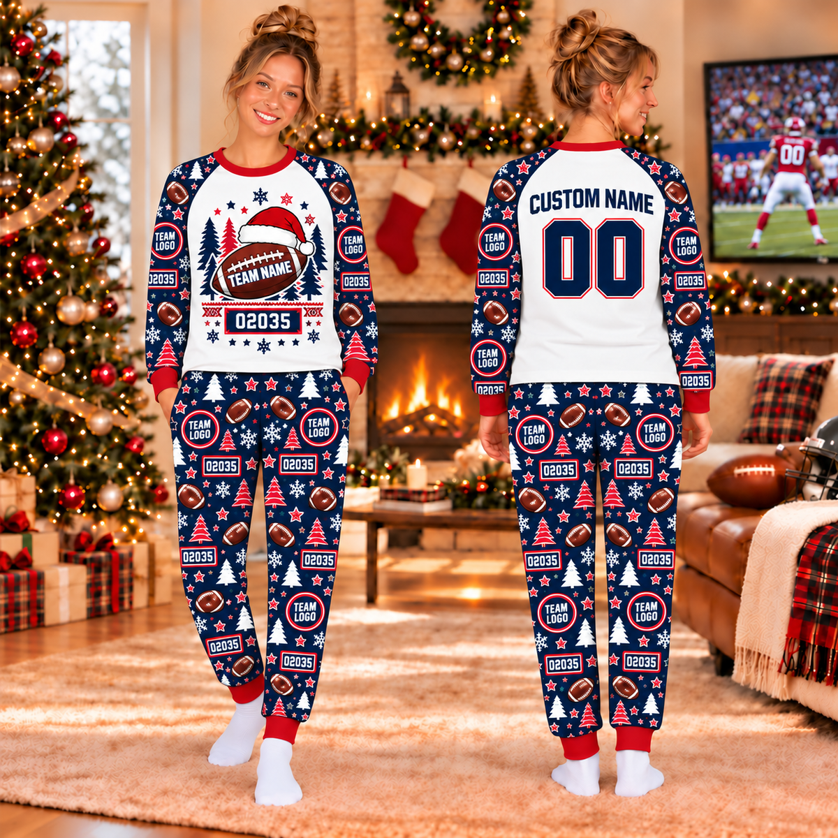 Custom Football Santa Christmas Pajamas, Team Family Holiday Sleepwear Football Fan Gift