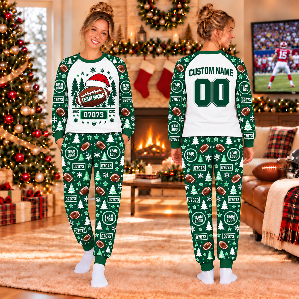 Personalized Football Team Pajamas Set Custom Football Pajamas Family Football Christmas Matching Pajamas Football Game Day Sleepwear Set