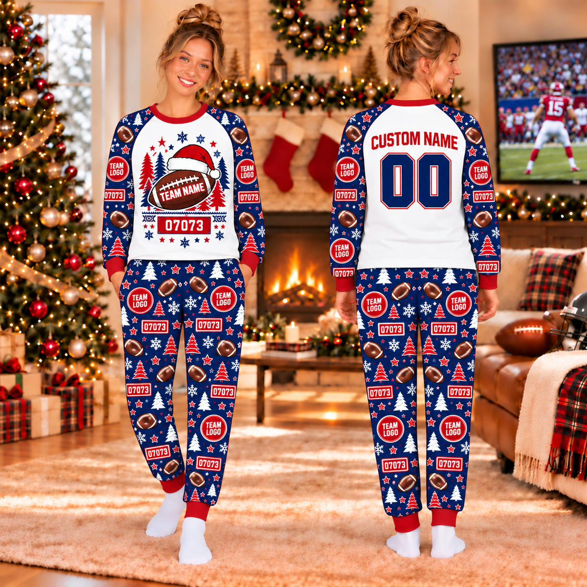 Personalized Football Raglan Pajamas Set, Custom Team Name Family Sleepwear, Matching Family Pajamas, Football Fan Gift