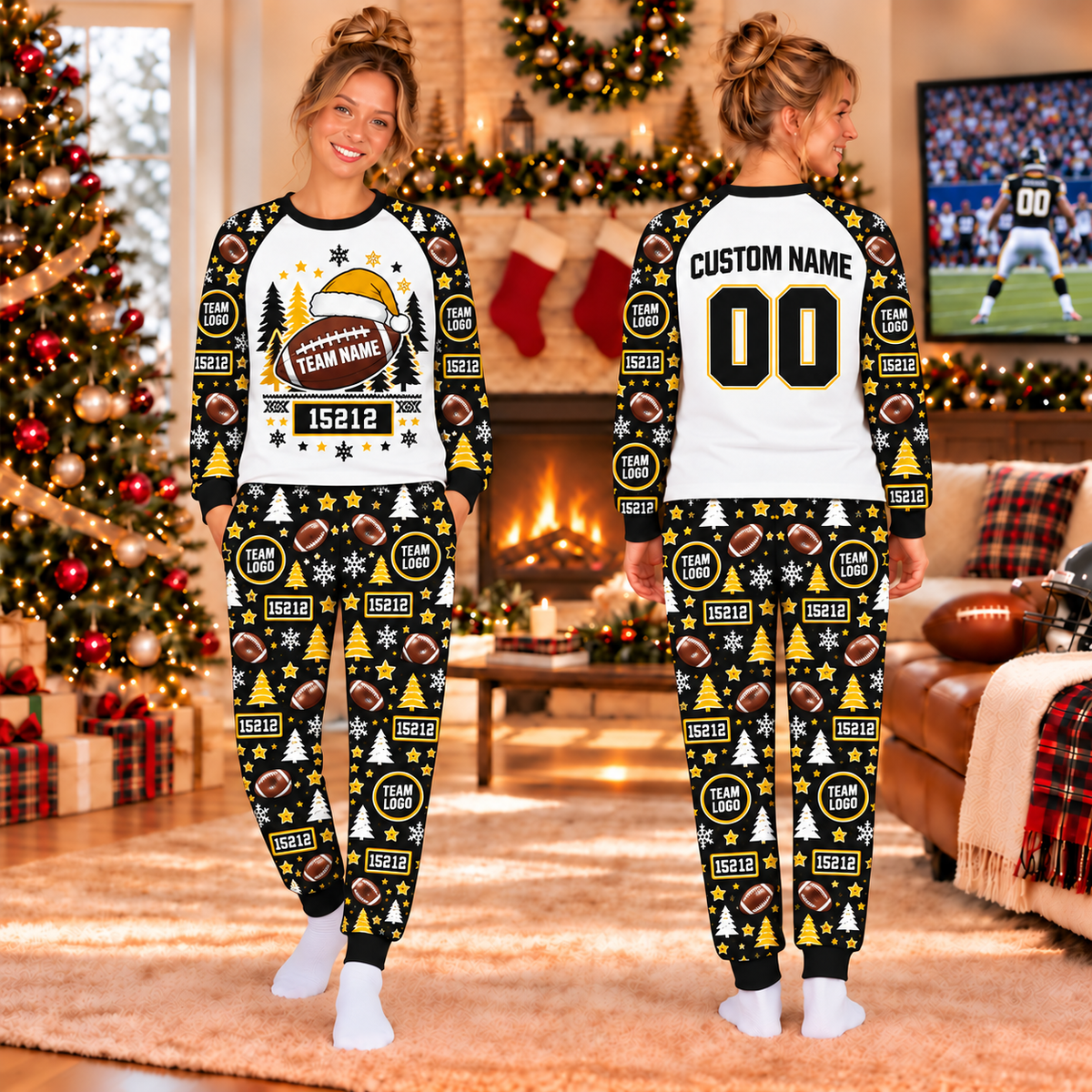 Personalized Football Raglan Pajamas Set, Custom Team Name Family Sleepwear