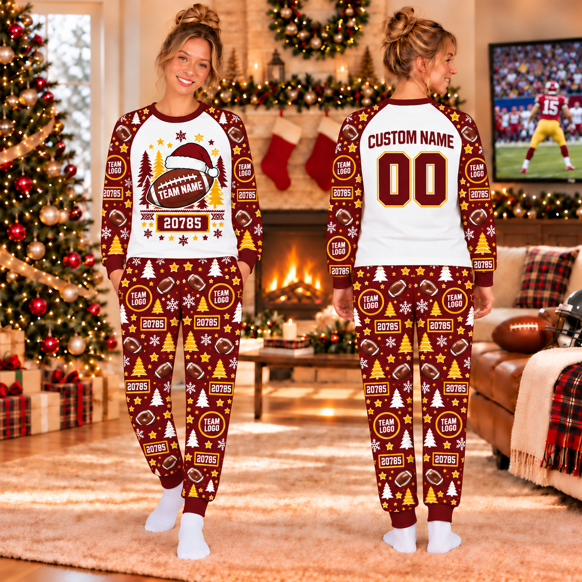 Custom Football Santa Christmas Pajamas, Matching Family Fan Sleepwear