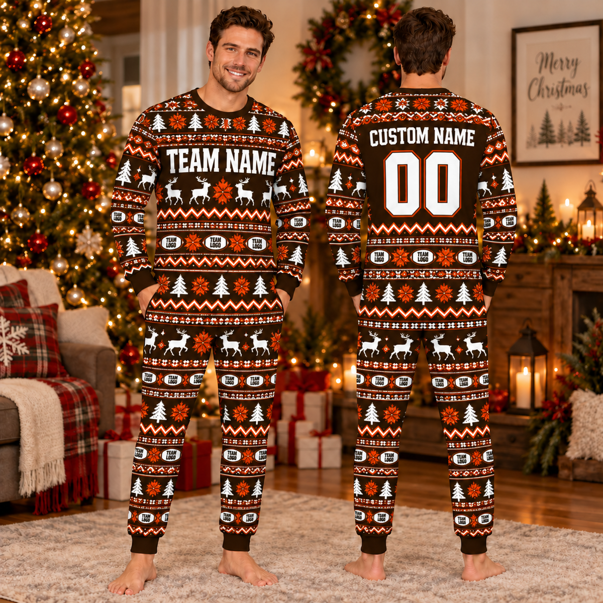 Personalized Sports Team Christmas Pajamas, Custom Holiday Family Lounge Set