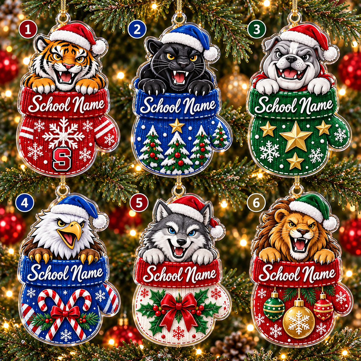 Personalized School Mascot Mitten Ornament, Custom School Name Christmas Gift