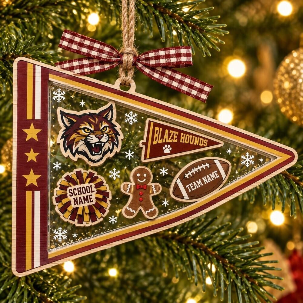Personalized School Pennant Christmas Ornament, Custom Mascot Spirit Decor