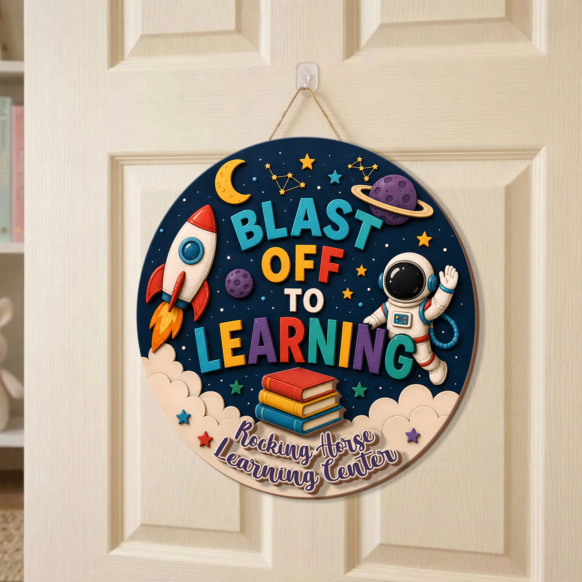 Personalized Space Teacher Classroom Door Sign, Custom Blast Off to Learning Wooden Sign