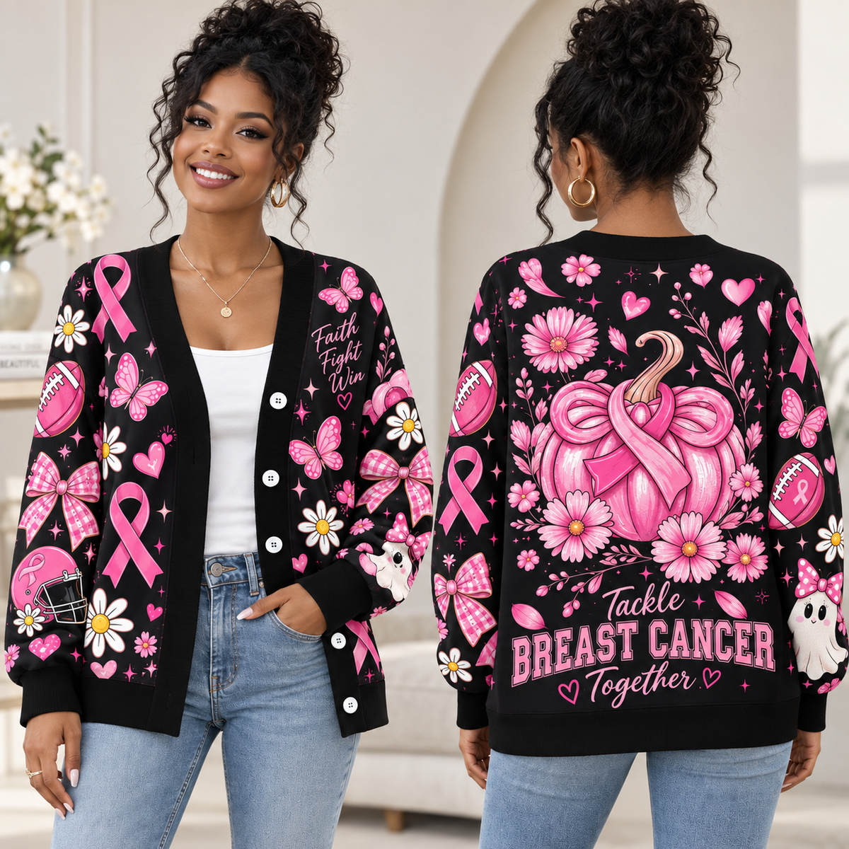 Tackle Breast Cancer Together Cardigan, Pink Ribbon Survivor Gift