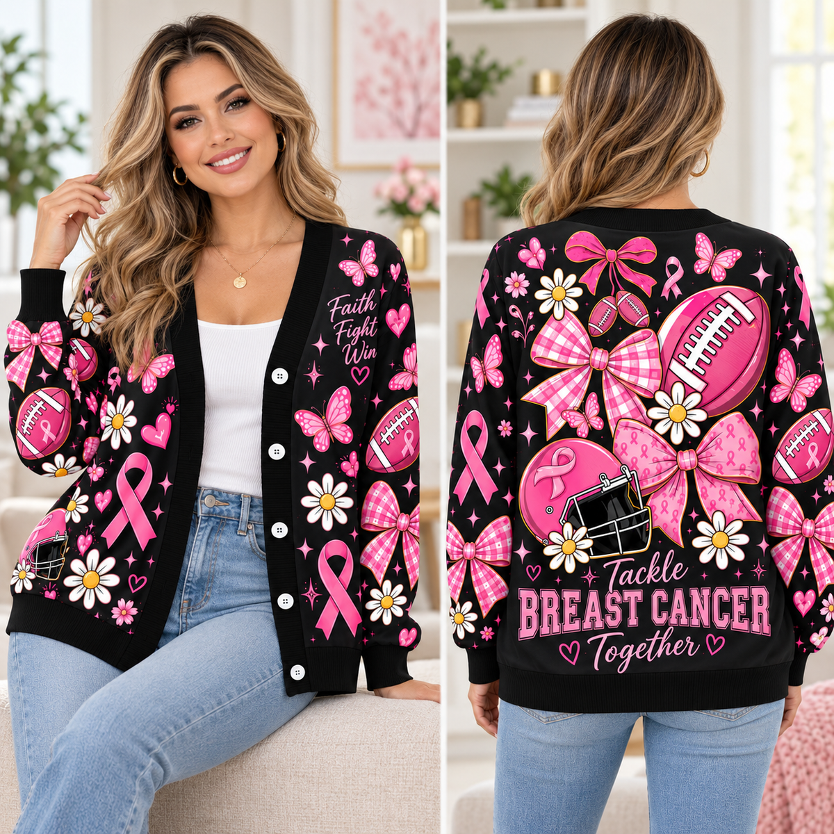 Breast Cancer Awareness Cardigan, Game Day Pink Ribbon Sweater