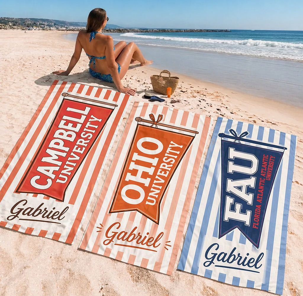 Personalized College Pennant Beach Towel, Custom Graduation Summer Gift