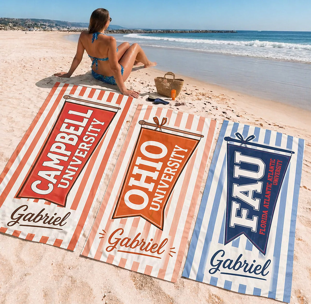 Personalized College Pennant Beach Towel, Custom Graduation Summer Gift