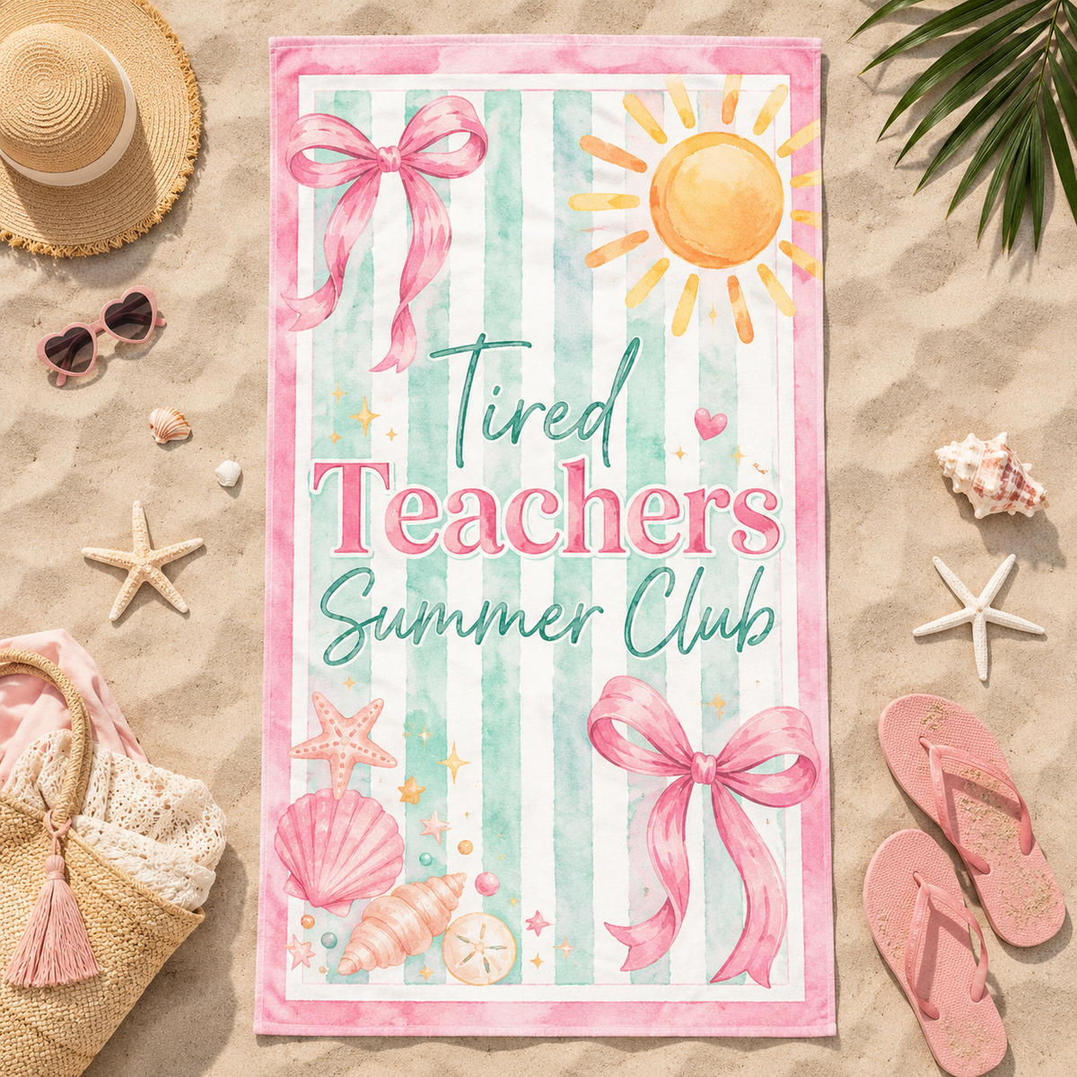 Cute Bow Striped Teacher Beach Towel, Retro Summer Break Pool Towel