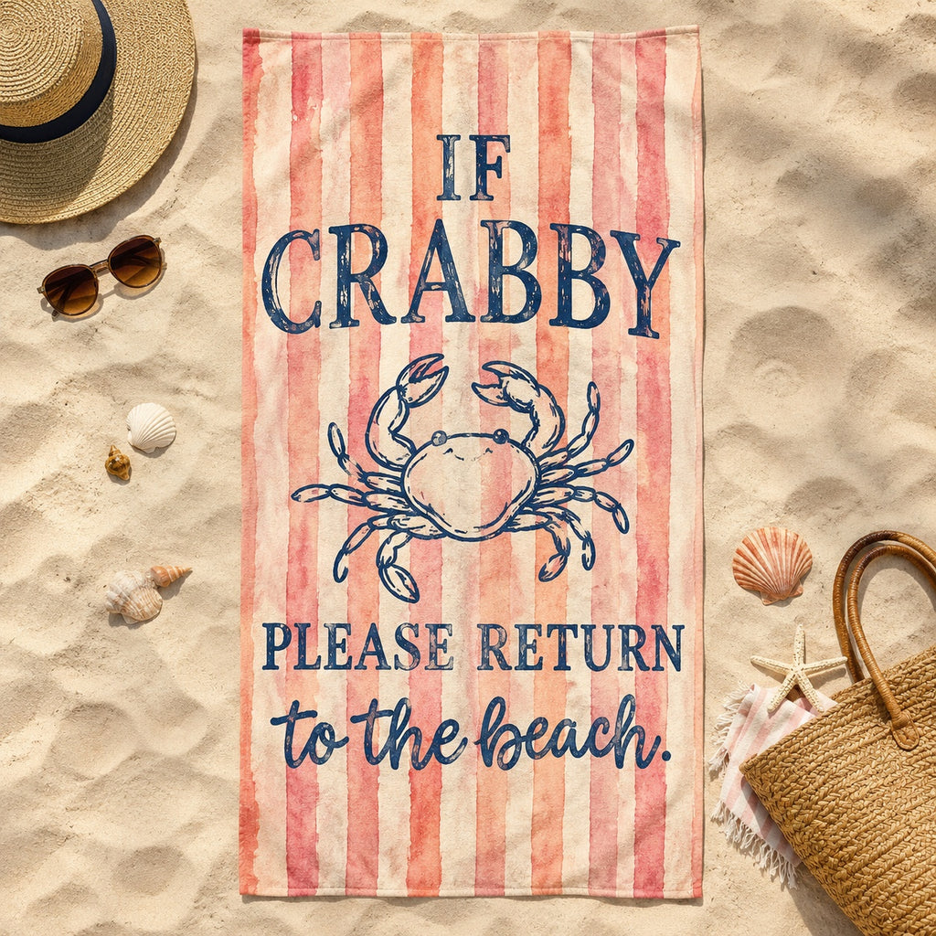 Cute Crab Striped Beach Towel, Coastal Summer Vacation Pool Towel