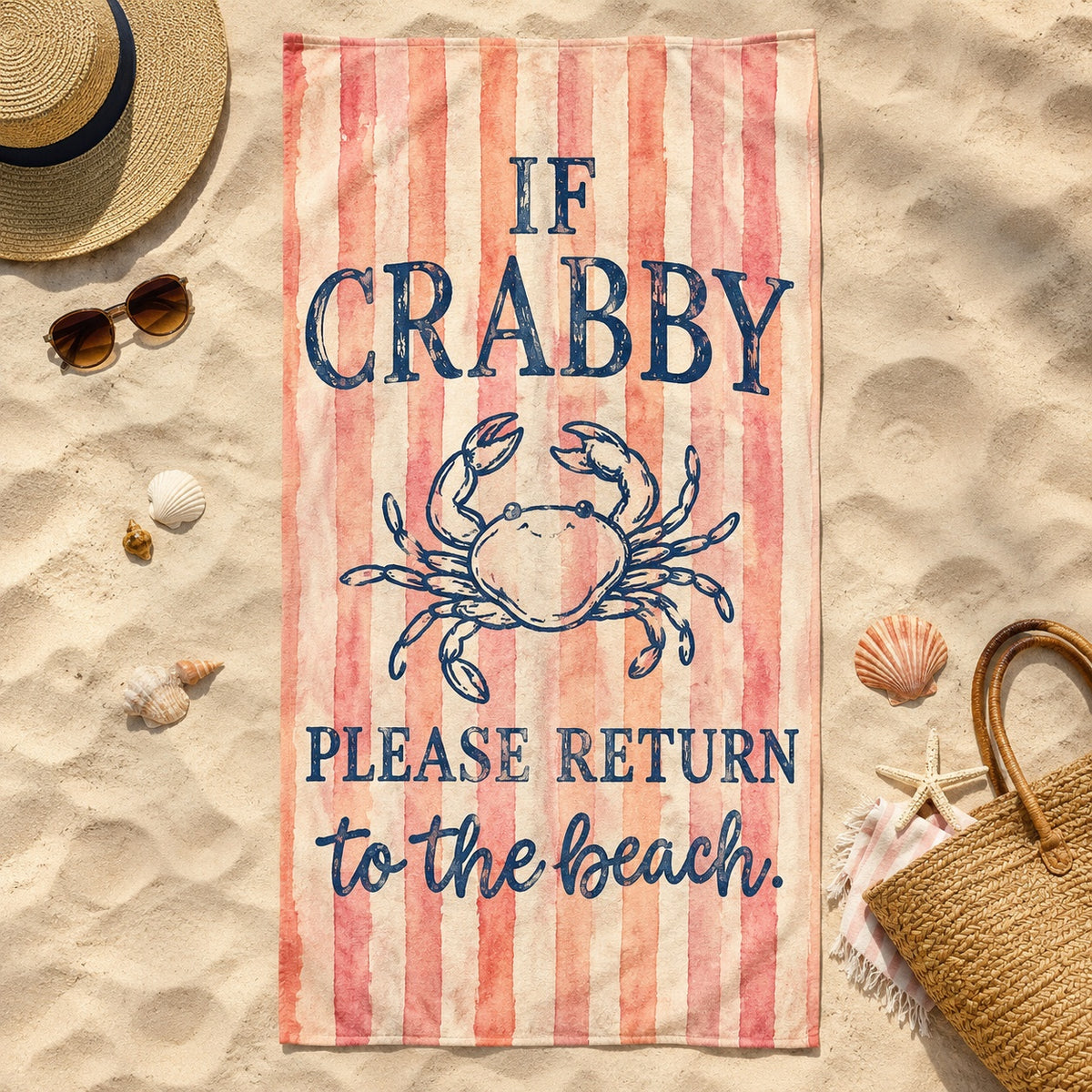 Cute Crab Striped Beach Towel, Coastal Summer Vacation Pool Towel