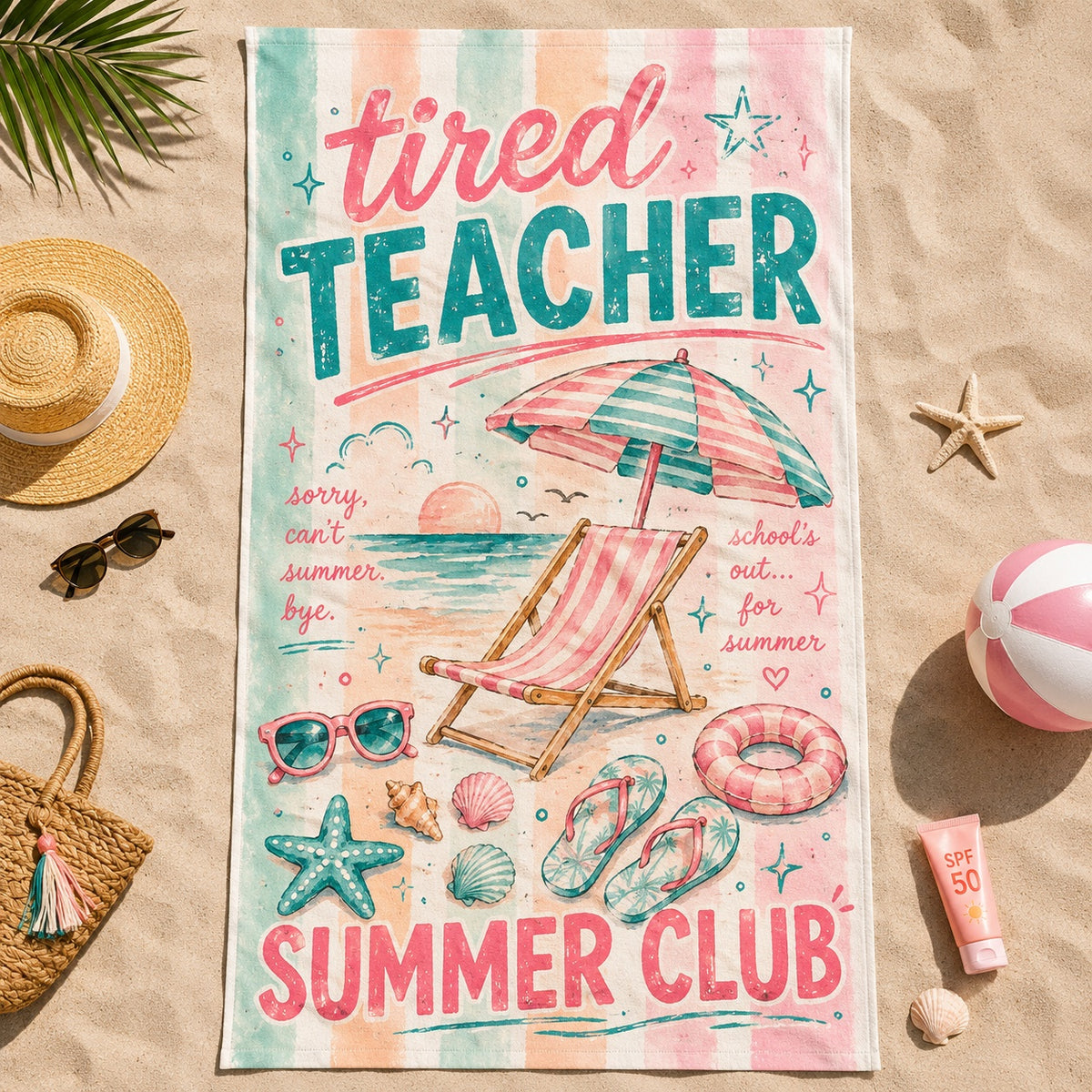 Teacher Summer Break Beach Towel, Retro Educator Vacation Towel
