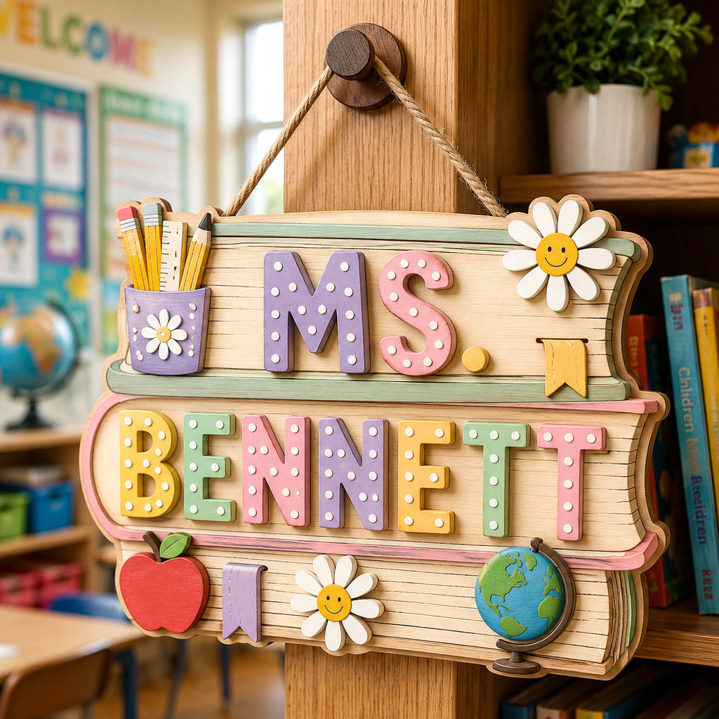 Custom Teacher Classroom Door Sign, Cute Back to School Wood Plaque - product image 1