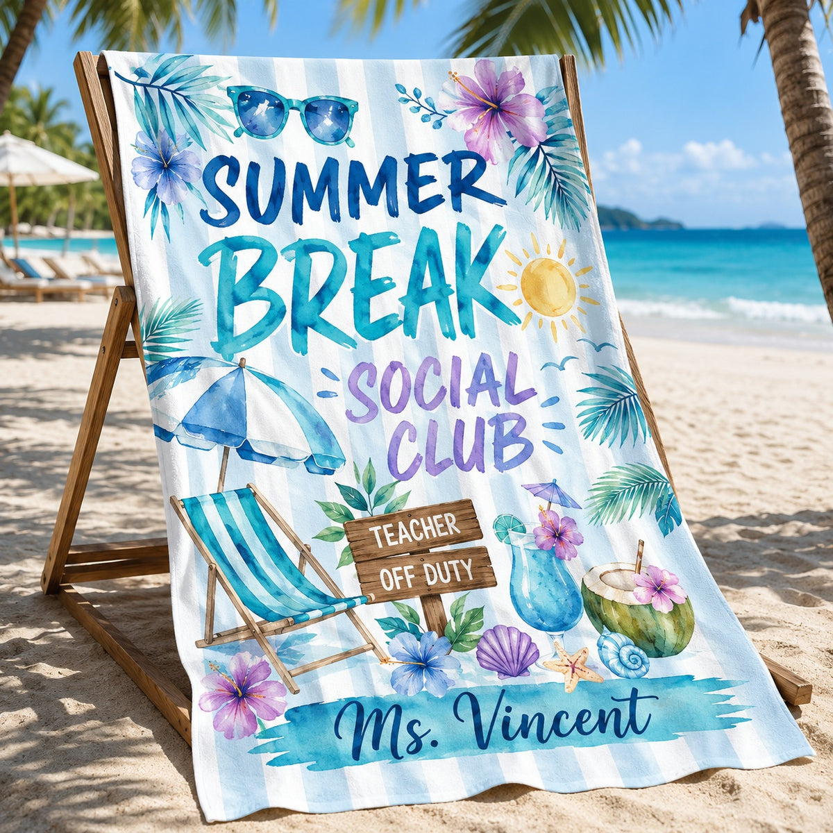 Custom Name Teacher Beach Towel, Tropical Coastal Summer Pool Towel