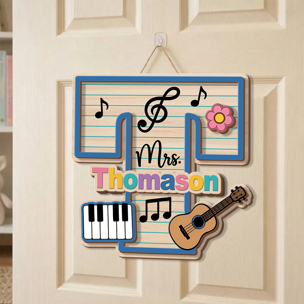 Personalized Music Teacher Classroom Door Sign, Custom Wooden Name Sign