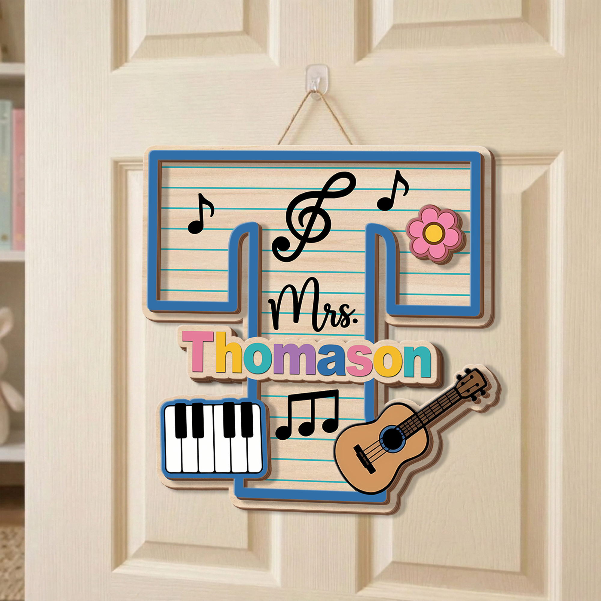 Personalized Music Teacher Classroom Door Sign, Custom Wooden Name Sign
