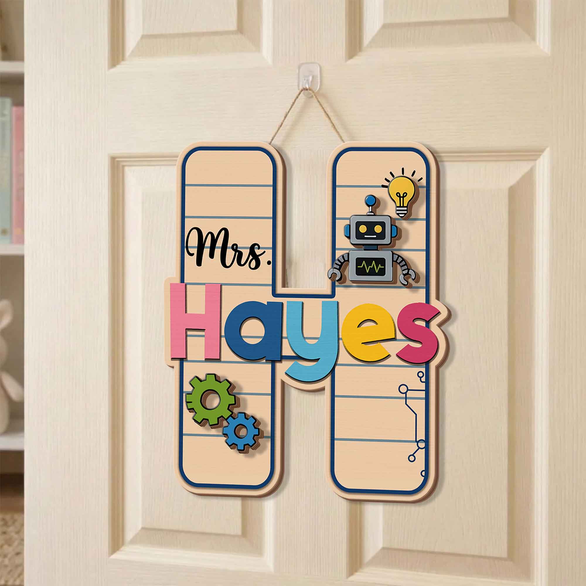 Personalized STEM Teacher Classroom Door Sign, Custom Wooden Name Sign