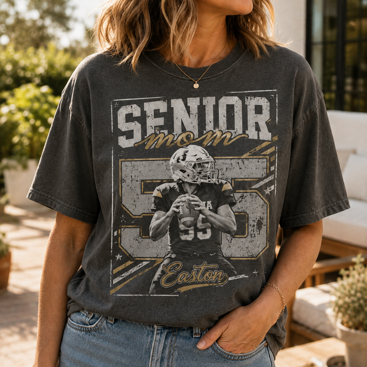 Custom Senior Mom Photo T-Shirt, Vintage Game Day Football Graphic Tee