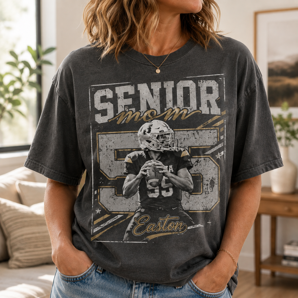 Custom Senior Mom Photo T-Shirt, Vintage Game Day Football Graphic Tee