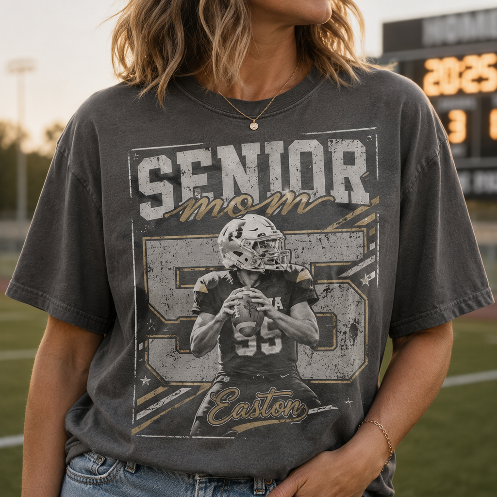 Custom Senior Mom Photo T-Shirt, Vintage Game Day Football Graphic Tee