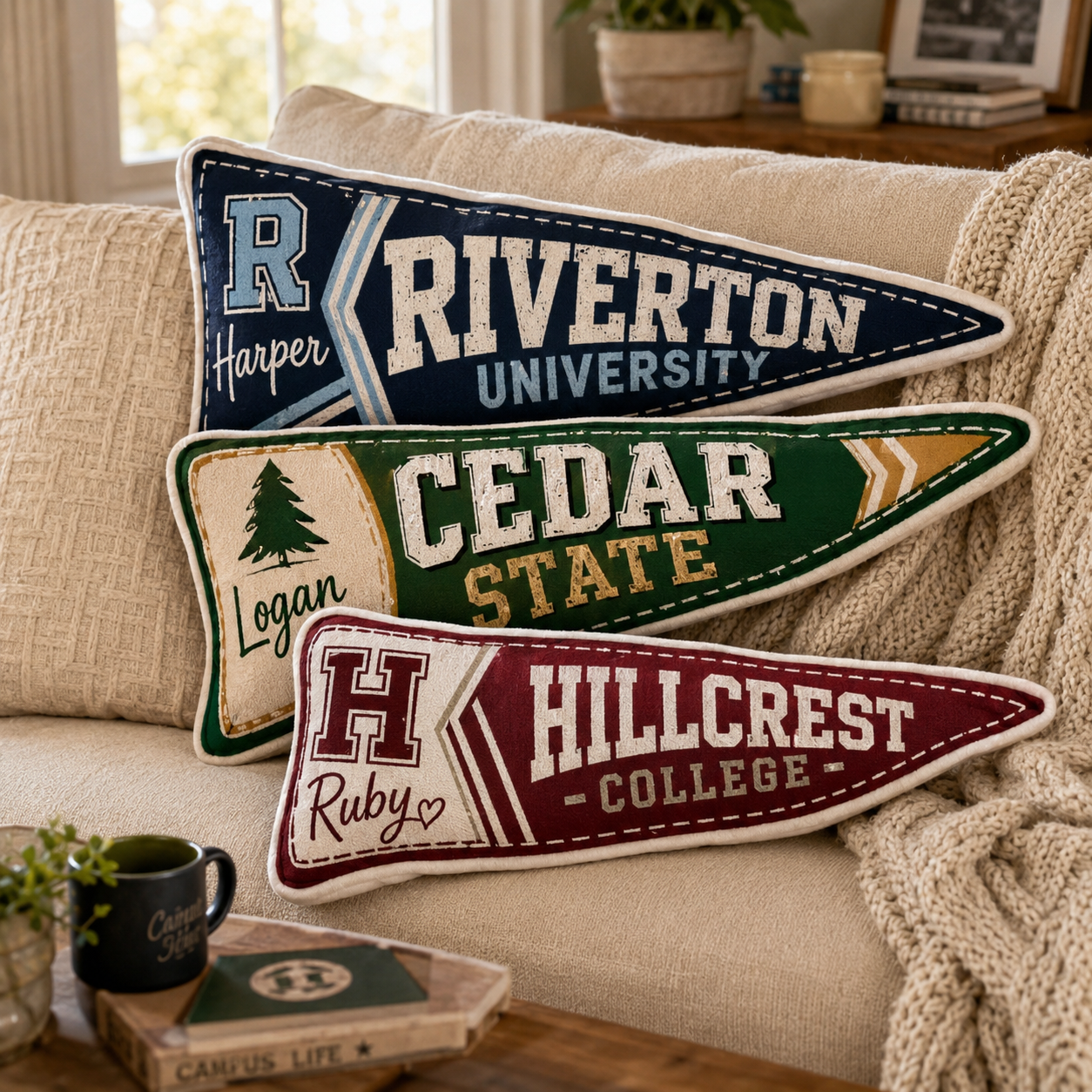 Custom College Pennant Pillow, Personalized University Name Dorm Decor