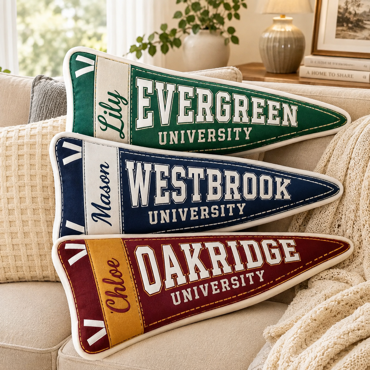 Personalized University Pennant Pillow, Custom College Name Dorm Decor