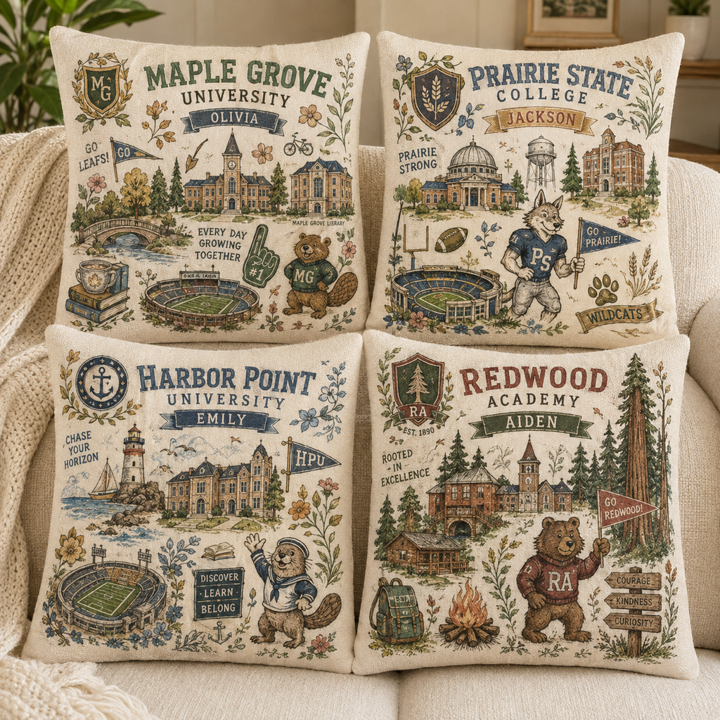 Custom College Pillow, Personalized University Dorm Room Decor Gift