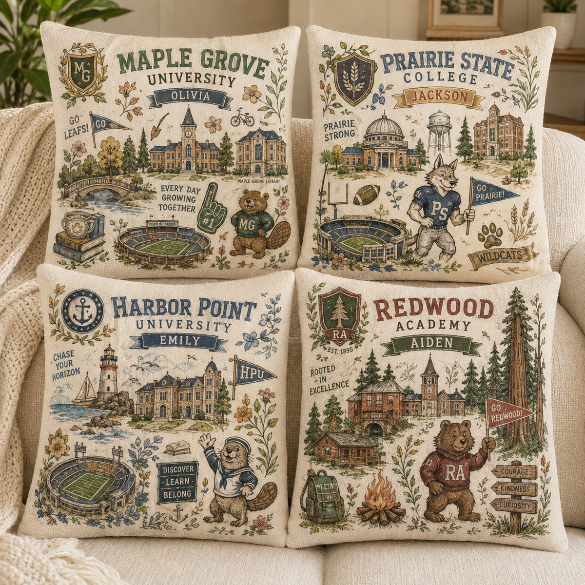 Custom College Pillow, Personalized University Dorm Room Decor Gift
