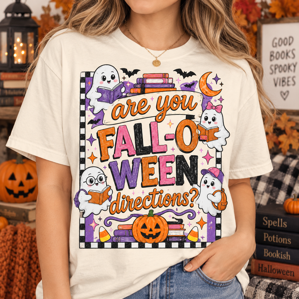 Fall O Ween Directions T-Shirt, Spooky Season Bookish Ghost Graphic Tee