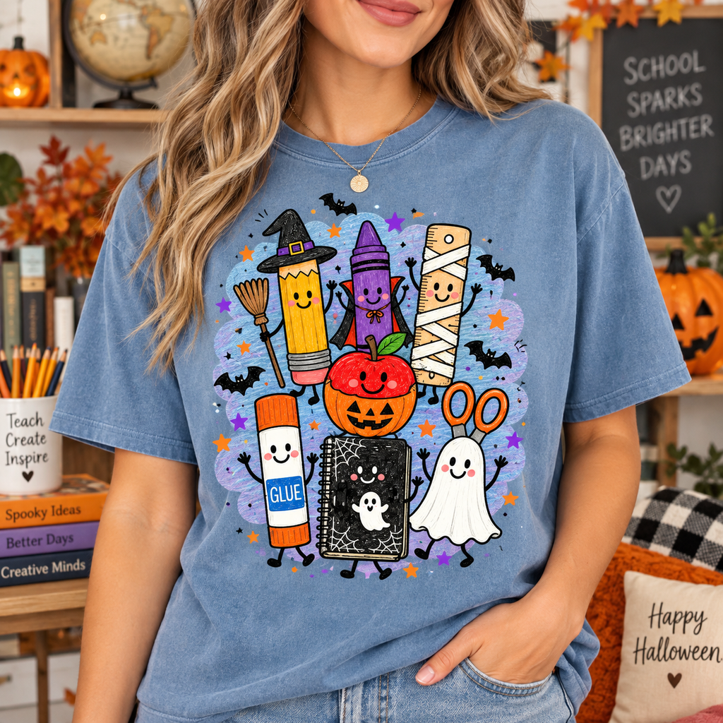 Spooky School Supplies Teacher T-Shirt, Halloween Classroom Graphic Tee