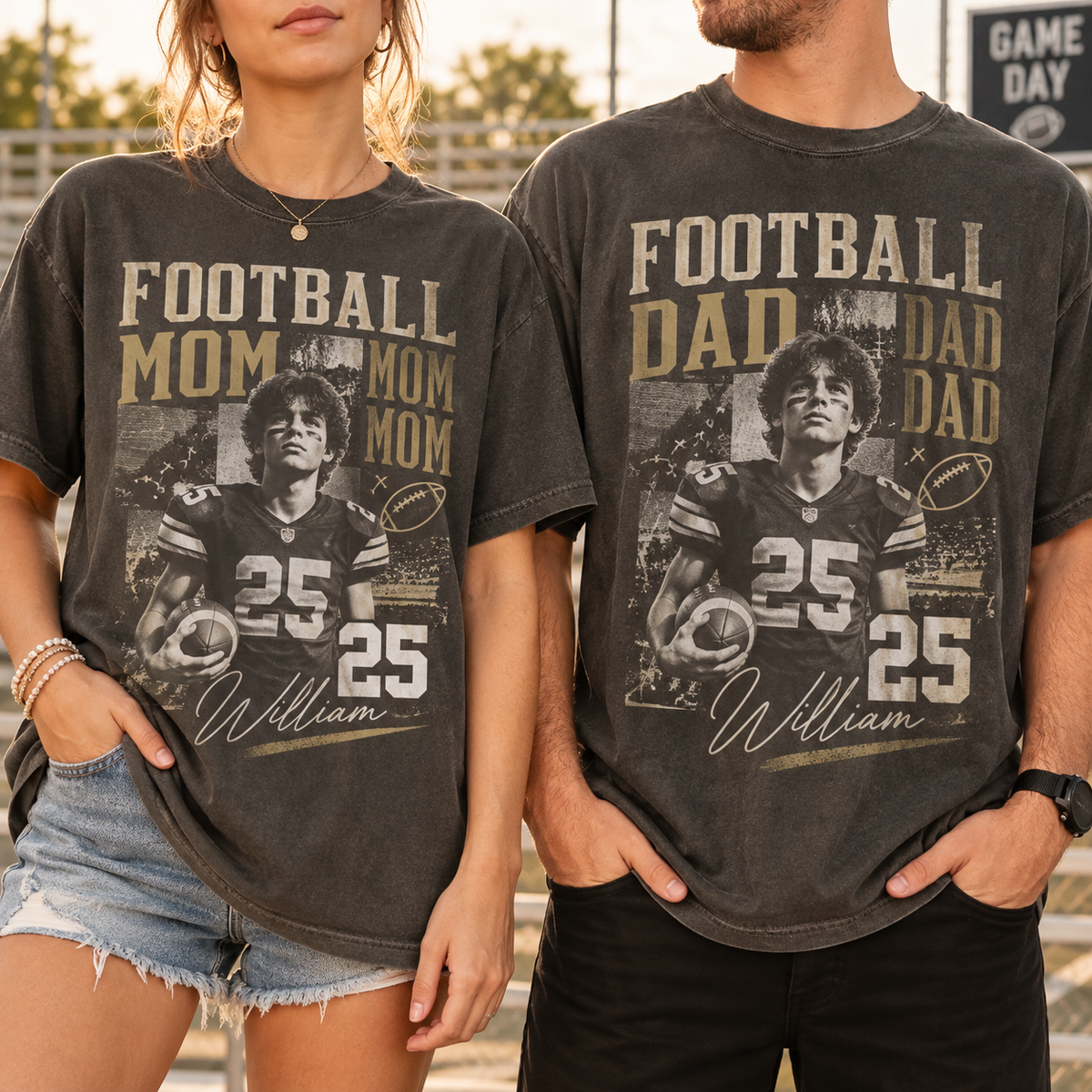 Custom Football Mom and Dad T-Shirt, Vintage Game Day Photo Shirt