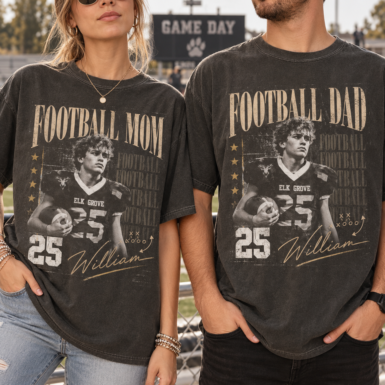 Custom Football Mom and Dad T-Shirt, Vintage Game Day Photo Tee