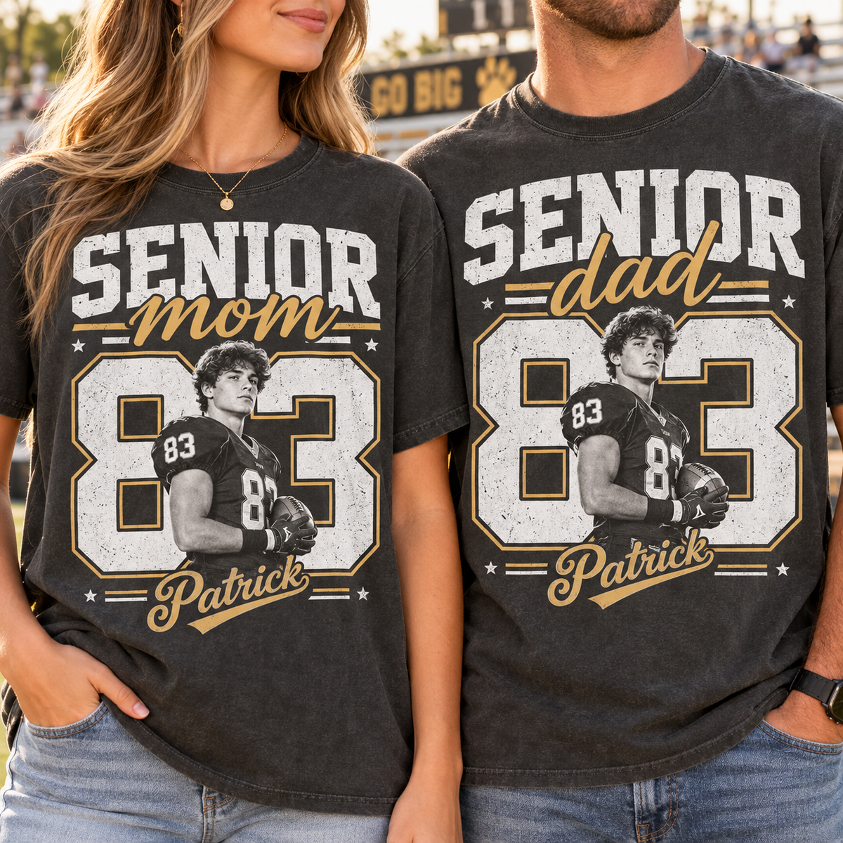 Custom Senior Parents Football T-Shirt, Vintage Game Day Photo Graphic Tee