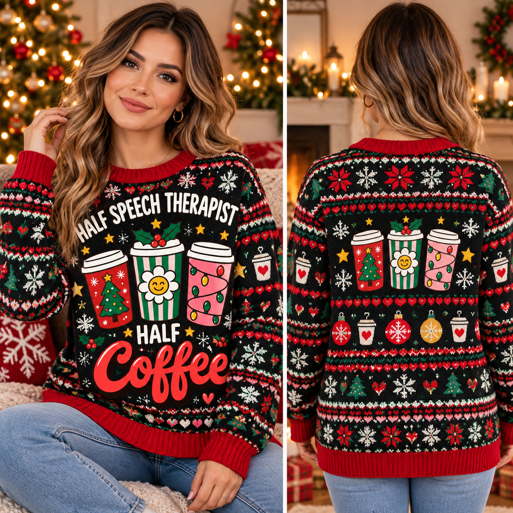 Speech Therapist Coffee Sweater, Funny SLP Holiday Gift