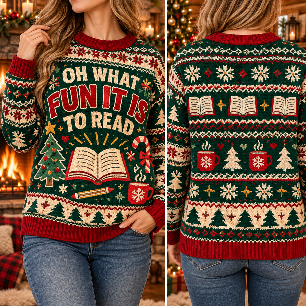 Reading Teacher Ugly Christmas Sweater, Cute Bookish Holiday Pullover